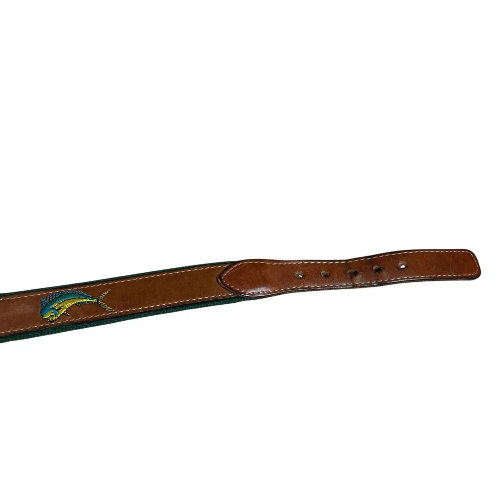 Mens Brown‎ Leather Canvas Belt Mahi Mahi Fish Embroidered Sz 36 Nautical Casual